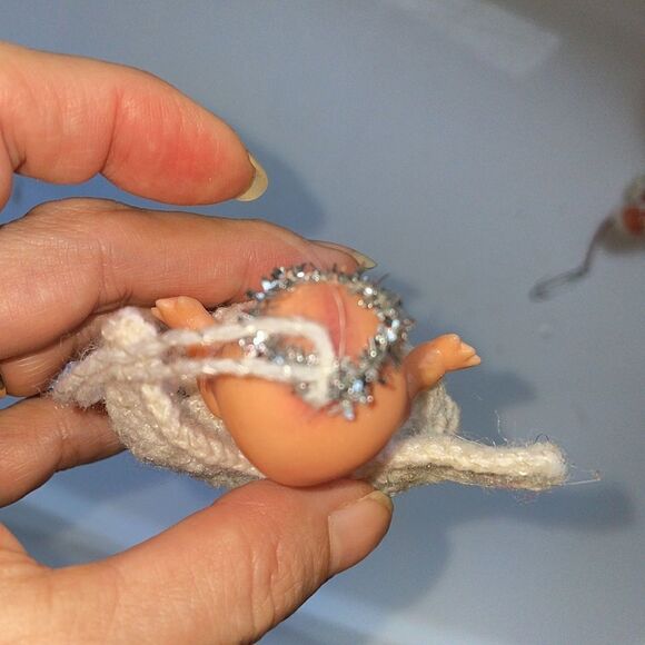 Vintage Kewpie Doll angel Christmas ornament with crochet outfit & wings - Picture 4 of 5